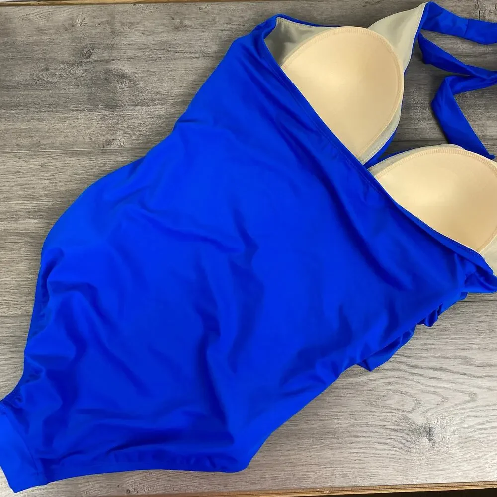 Swimsuits For All Blue Ruched Neck Tie One Piece Swimsuit Sz.14 NWT